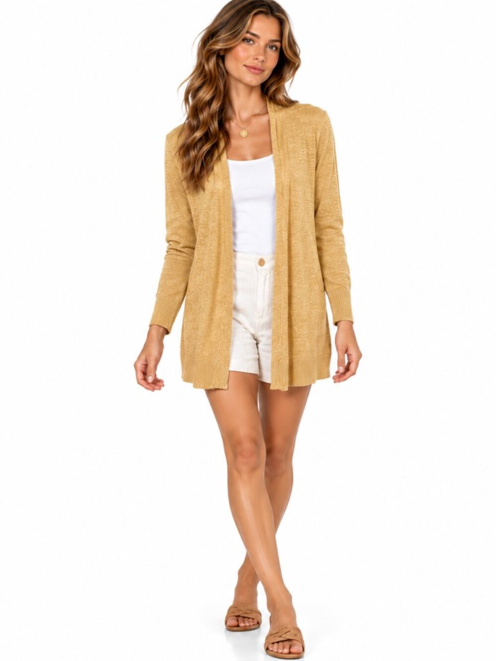 Eileen Fisher Linen Cotton Tight Knit Cardigan M Yellow Open Coastal Lightweight